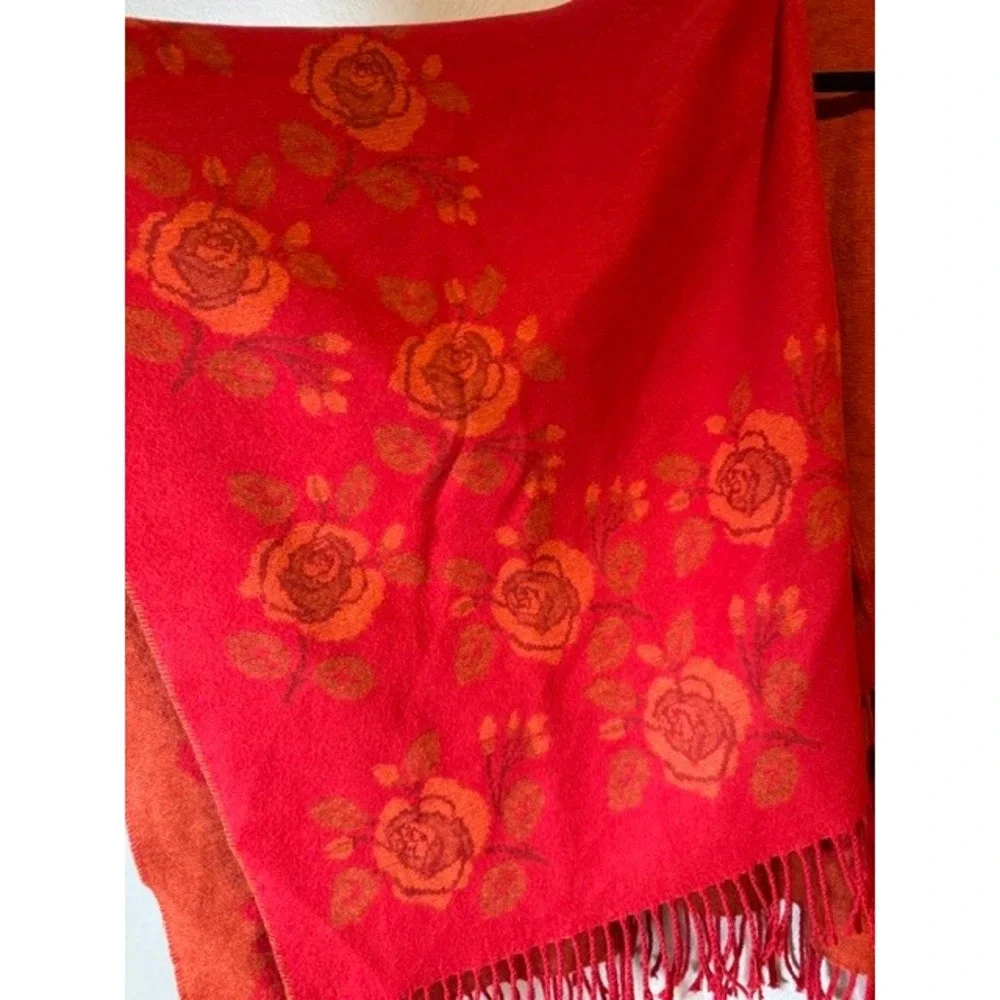 Victoire Mathieu Paris Royalsoft Red Orange Floral Rose Fringe Shawl Wrap France